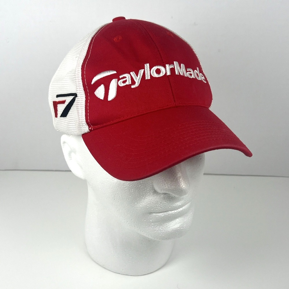 TaylorMade r7 Mesh Golf Cap/Hat Red & White Embroidered Logos Strapback OSFA